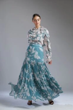 Vintage Sky Blue And White Floral Flared Skirt