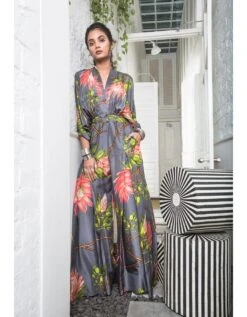 Grey Big Protea Box Pleated Kimono Jumpsuit