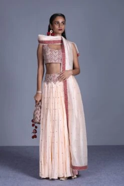 Peach Crushed Lehenga With Hand Embellished Blouse And Matching Dupatta