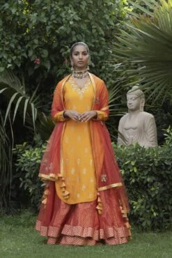 Gajri Apple Cut Kurta With Layered Lehnga And Dupatta