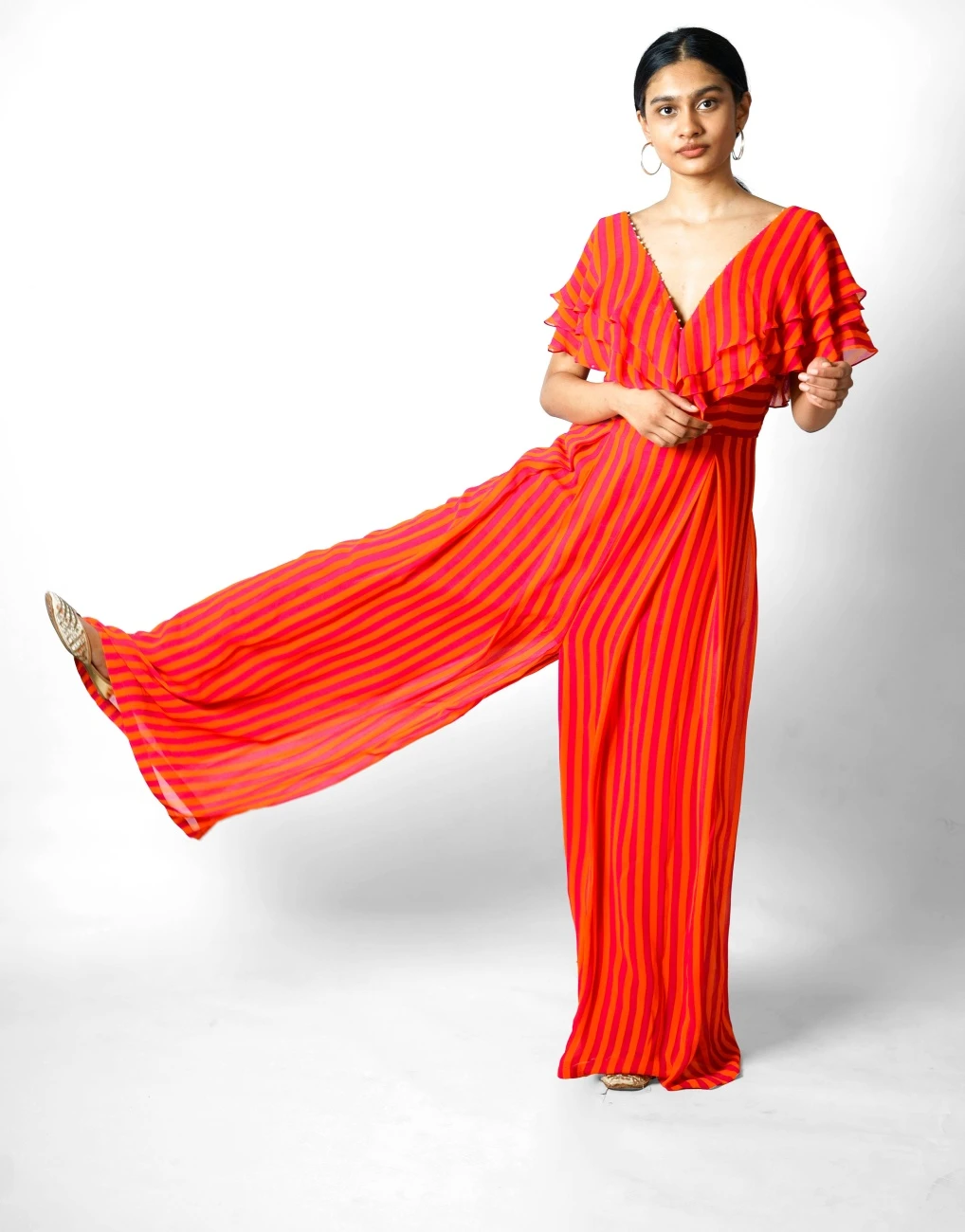 Pink And Orange Striped Printed Ruffle Jumpsuit