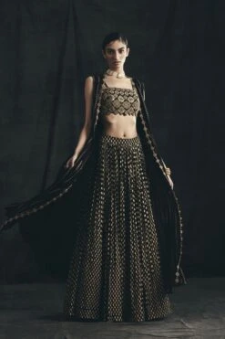 Black Nukta Print Embroidered Cape, Hand Embroidered Bustier & Bindu Print Skirt