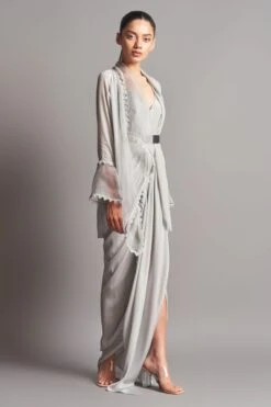 Grey Shawl Collar Cape With Draped Skirt