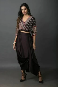 Black Ajrakh Overlap Crop Top With Flap Cowl Skirt