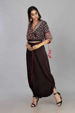 Black Ajrakh Overlap Crop Top With Dhoti Skirt