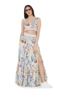 Stone Colour Printed Art Crepe Bustier And Frill Skirt
