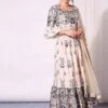 Off White Printed Crop Top With Bell Bottom Paired With Printed Skirt And Net Dupatta