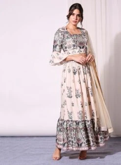 Off White Printed Crop Top With Bell Bottom Paired With Printed Skirt And Net Dupatta