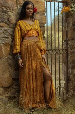 Mustard Waist Fitted Top With Slitted Skirt