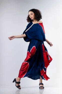 Blue And Red Shibori Gather Cowl Skirt With Ald Top Elasticated