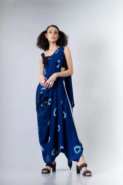 Blue Polka Dhoti Saree Withblack Rd Fitted Blouse