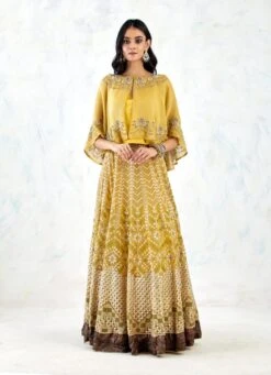 Yellow Cape With Skirt With Bead Work And Gota Patti With Cross Stitch Embroidery