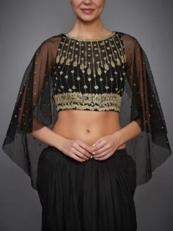Black Embroidered Cape Blouse