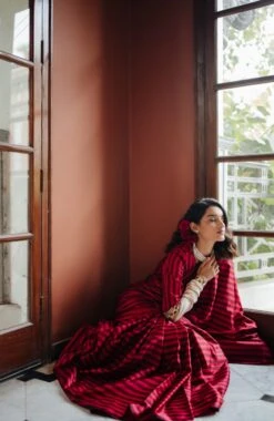 Red And Burgandy Silk Striped Blouse -Incasee Ceantral 2 33945