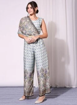 Powder Blue Printed Sleeveless Jumpsuit With Shoulder Cowls -Incasee Ceantral 2 53659