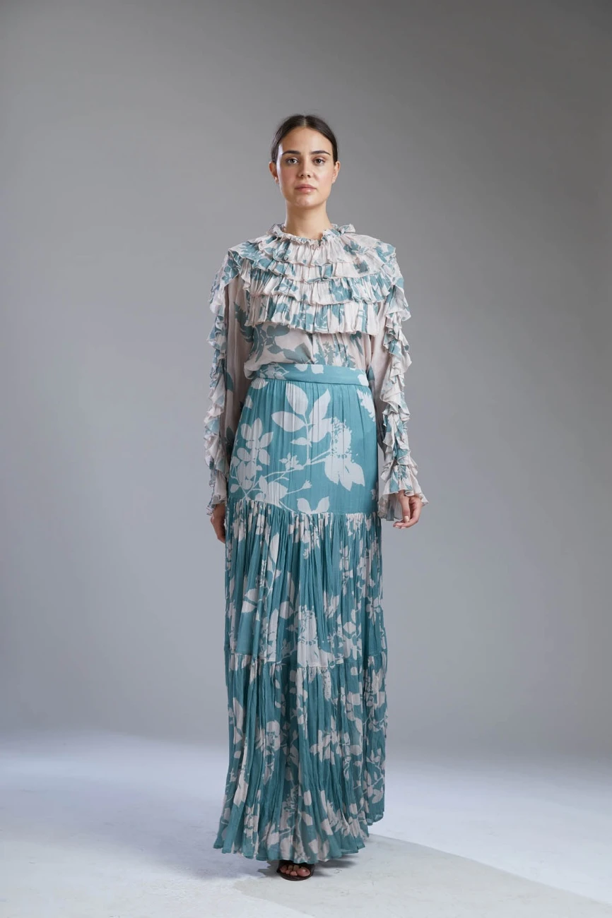 Vintage Sky Blue And White Floral Flared Skirt 5 Vintage Sky Blue And White Floral Flared Skirt - Image 3