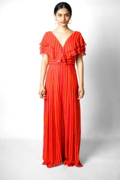 Pink And Orange Striped Printed Ruffle Jumpsuit -Incasee Ceantral 3 25509