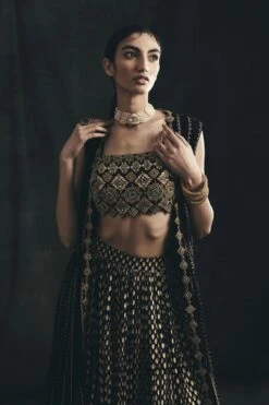 Black Nukta Print Embroidered Cape, Hand Embroidered Bustier & Bindu Print Skirt -Incasee Ceantral 3 28221