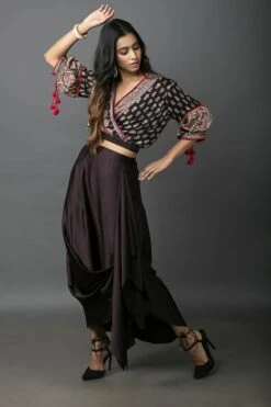 Black Ajrakh Overlap Crop Top With Flap Cowl Skirt -Incasee Ceantral 3 29718