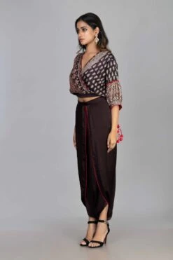 Black Ajrakh Overlap Crop Top With Dhoti Skirt -Incasee Ceantral 3 29719