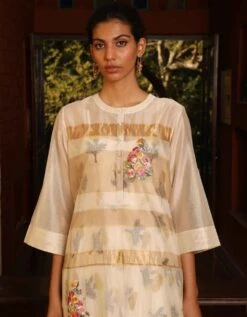 Kora / Beige & Gold Stripe Handwoven Silk Handwoven Dress -Incasee Ceantral 3 40224