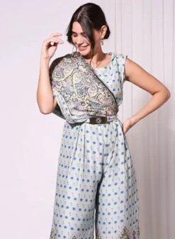 Powder Blue Printed Sleeveless Jumpsuit With Shoulder Cowls -Incasee Ceantral 3 42149