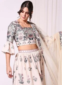 Off White Printed Crop Top With Bell Bottom Paired With Printed Skirt And Net Dupatta -Incasee Ceantral 3 42166