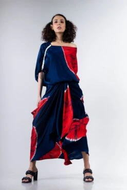 Blue And Red Shibori Gather Cowl Skirt With Ald Top Elasticated -Incasee Ceantral 3 44352