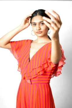 Pink And Orange Striped Printed Ruffle Jumpsuit -Incasee Ceantral 4 15740