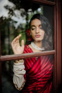 Red And Burgandy Silk Striped Blouse -Incasee Ceantral 4 16265