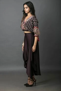 Black Ajrakh Overlap Crop Top With Flap Cowl Skirt -Incasee Ceantral 4 18577