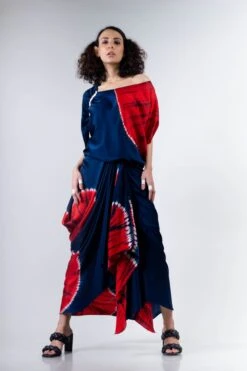 Blue And Red Shibori Gather Cowl Skirt With Ald Top Elasticated -Incasee Ceantral 4 28959
