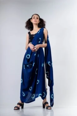 Blue Polka Dhoti Saree Withblack Rd Fitted Blouse -Incasee Ceantral 4 28965