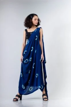 Blue Polka Dhoti Saree Withblack Rd Fitted Blouse -Incasee Ceantral 5 13860