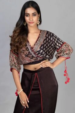 Black Ajrakh Overlap Crop Top With Dhoti Skirt -Incasee Ceantral 5 8529