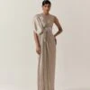 Beige Hammered Satin Draped Dress -Incasee Ceantral aair2431