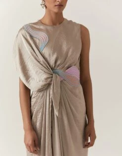 Beige Hammered Satin Draped Dress -Incasee Ceantral aair2434