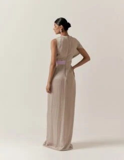 Beige Hammered Satin Draped Dress -Incasee Ceantral aair243b