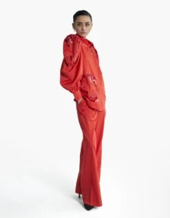 Poppy Red Egyptian Giza Cotton Embrodiered Puffed Sleeve Shirt -Incasee Ceantral af sh aw 23 04 a2