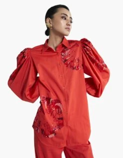 Poppy Red Egyptian Giza Cotton Embrodiered Puffed Sleeve Shirt -Incasee Ceantral af sh aw 23 04 a3