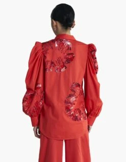 Poppy Red Egyptian Giza Cotton Embrodiered Puffed Sleeve Shirt -Incasee Ceantral af sh aw 23 04 ab