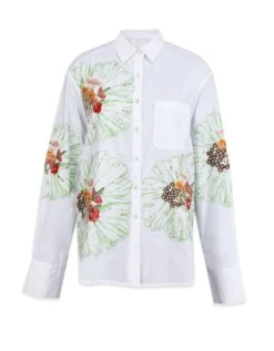 Cotton Poplin Carnation Embroidered Oversized Shirt