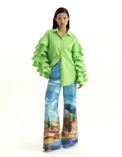 Acid Green Cotton Poplin Ruffled Shirt