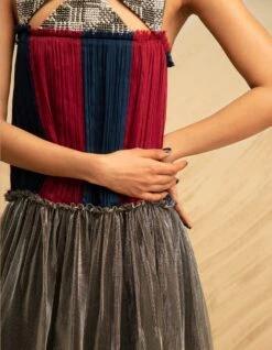 Multi Color Sequin Yoke And Colour Bands Gathered Dress -Incasee Ceantral akaw22sdr11b