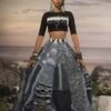 Cropped Lycra Top With Ripped Denim Lehenga -Incasee Ceantral akok1241