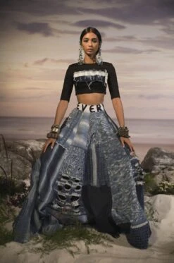 Cropped Lycra Top With Ripped Denim Lehenga