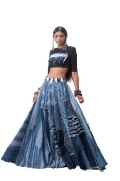 Cropped Lycra Top With Ripped Denim Lehenga -Incasee Ceantral akok1243