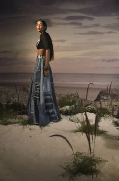 Cropped Lycra Top With Ripped Denim Lehenga -Incasee Ceantral akok124b