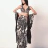 Black Garden Print Blouse With Tulip Skirt & Fringe Dupatta