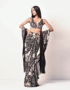 Black Garden Print Blouse With Tulip Skirt & Fringe Dupatta